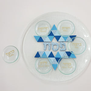 Modern Glass Passover Seder plate, Pesach Plate, Kearah,Judaica, Handmade. Blue.