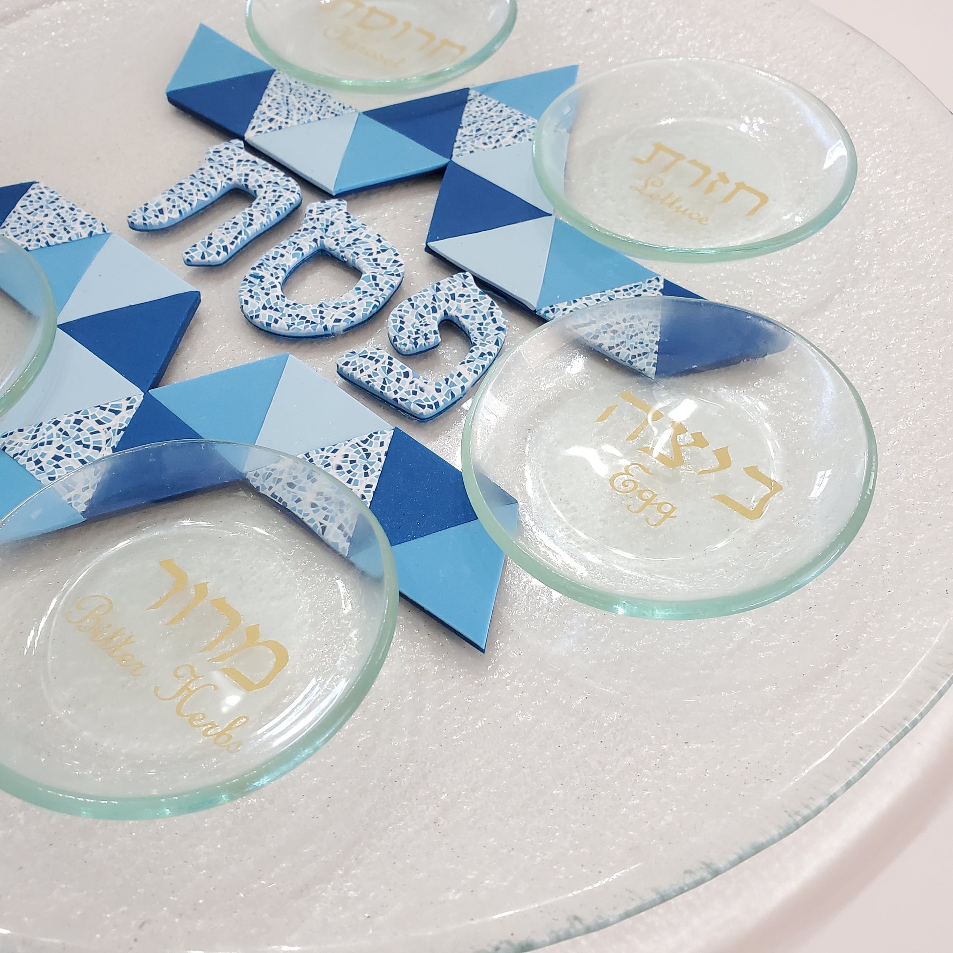Modern Glass Passover Seder plate, Pesach Plate, Kearah,Judaica, Handmade. Blue.