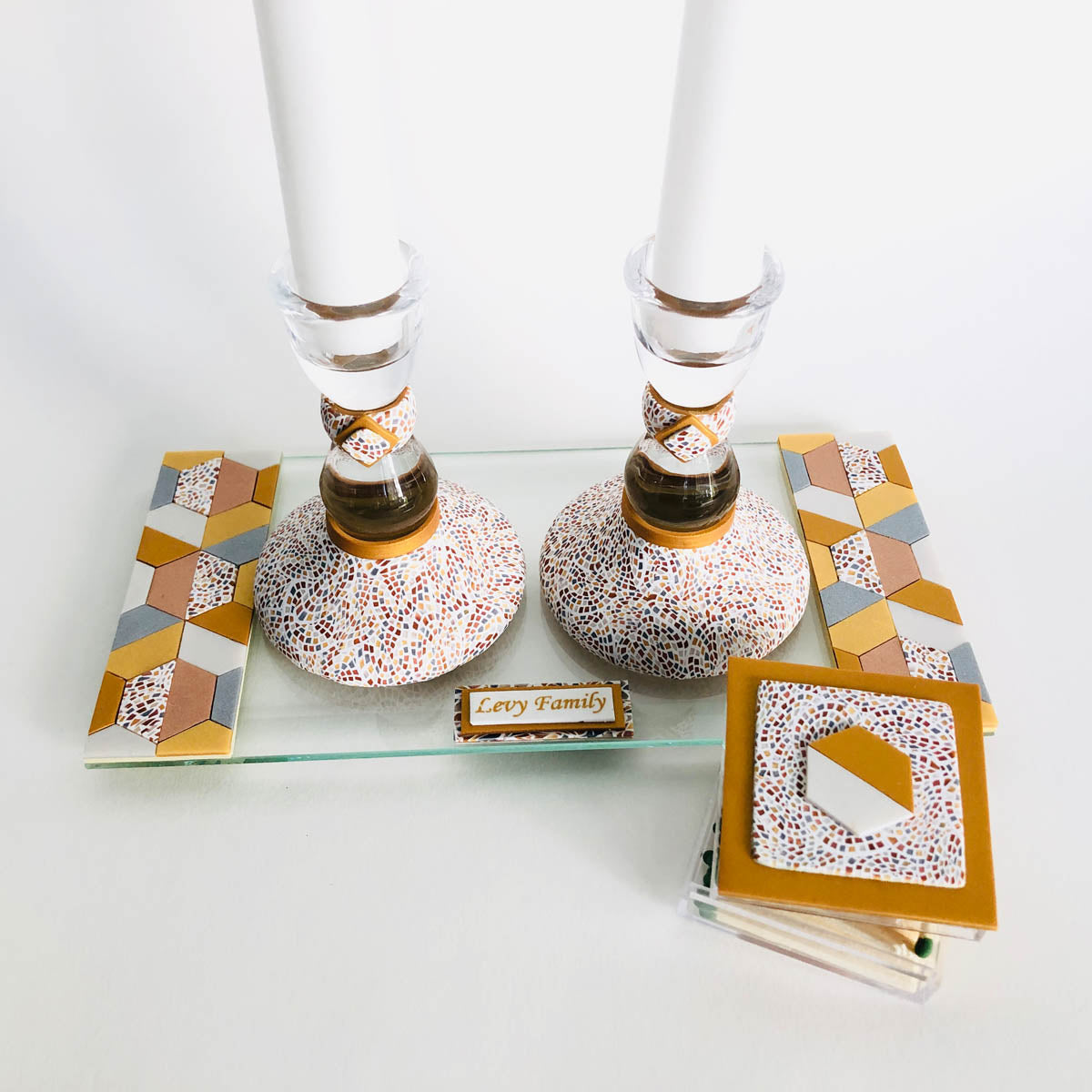 Shabbat Candlestick Holder & Matchbox, Handmade, Judaica, Personalized, Shabbat Candle holders, Gold