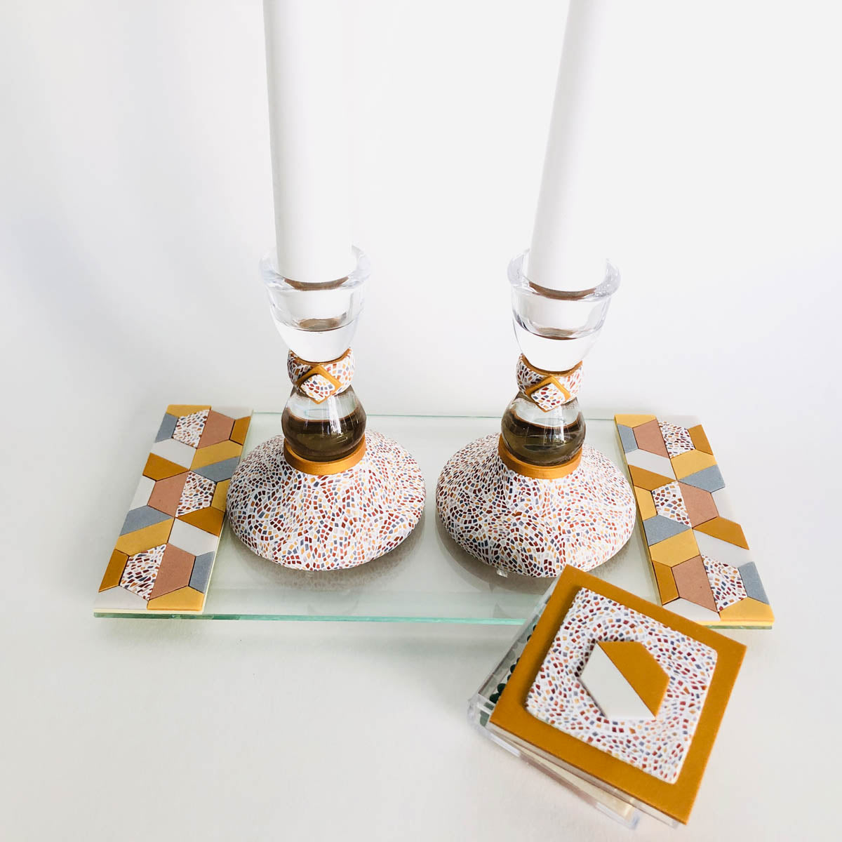 Shabbat Candlestick Holder & Matchbox, Handmade, Judaica, Personalized, Shabbat Candle holders, Gold