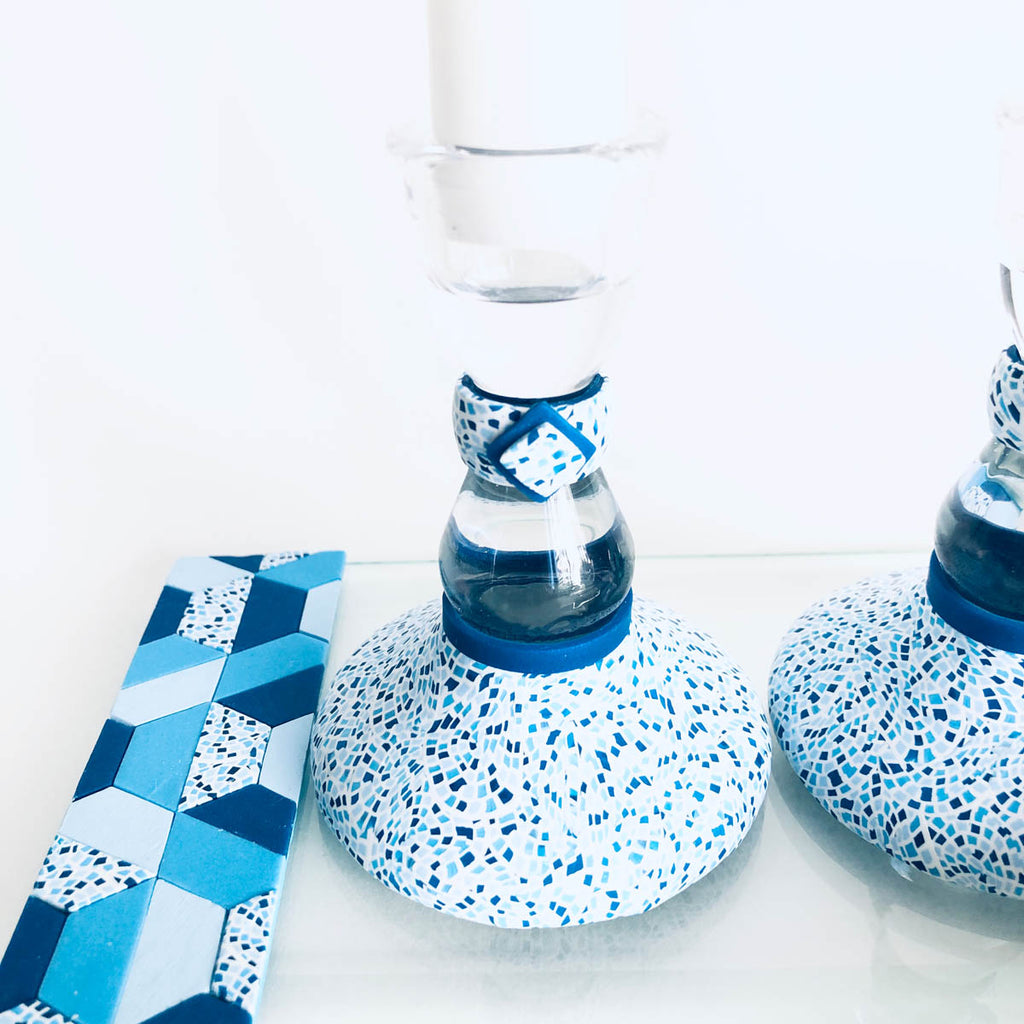 Shabbat Candlestick Holder & Matchbox, Handmade, Judaica, Personalized, Shabbat Candle holders, Blue