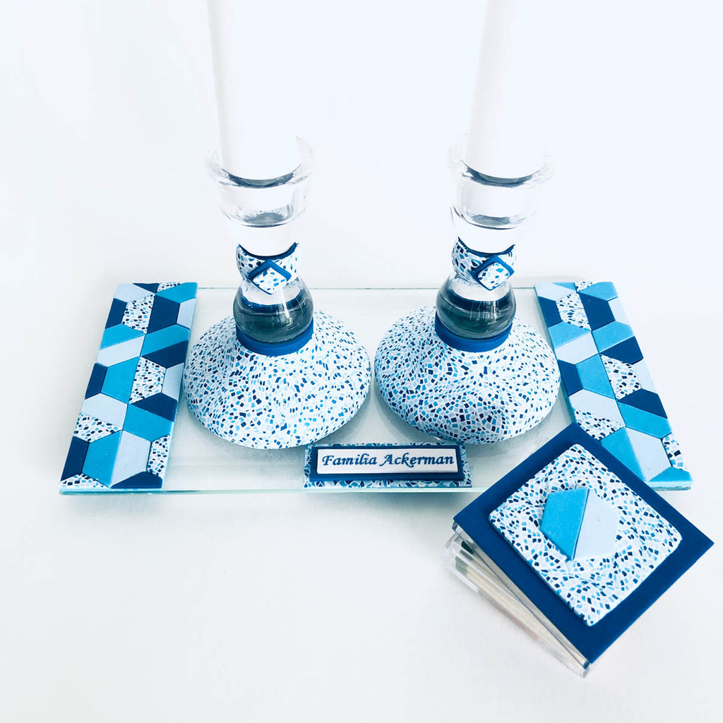 Shabbat Candlestick Holder & Matchbox, Handmade, Judaica, Personalized, Shabbat Candle holders, Blue