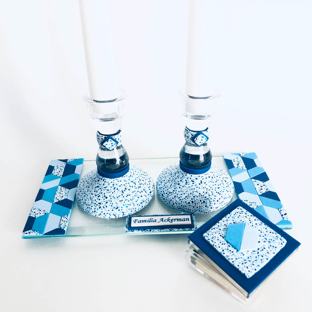 Shabbat Candlestick Holder & Matchbox, Handmade, Judaica, Personalized, Shabbat Candle holders, Blue