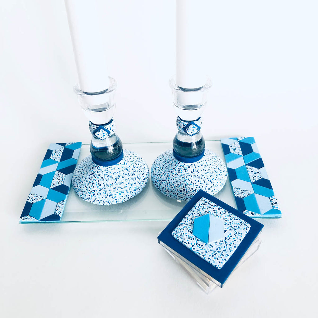 Shabbat Candlestick Holder & Matchbox, Handmade, Judaica, Personalized, Shabbat Candle holders, Blue