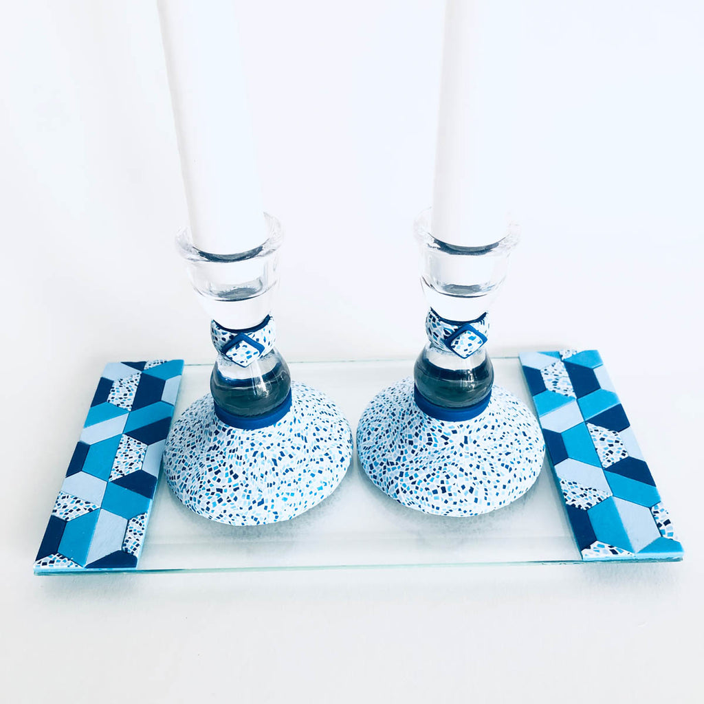 Shabbat Candlestick Holder & Matchbox, Handmade, Judaica, Personalized, Shabbat Candle holders, Blue