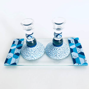 Shabbat Candlestick Holder & Matchbox, Handmade, Judaica, Personalized, Shabbat Candle holders, Blue