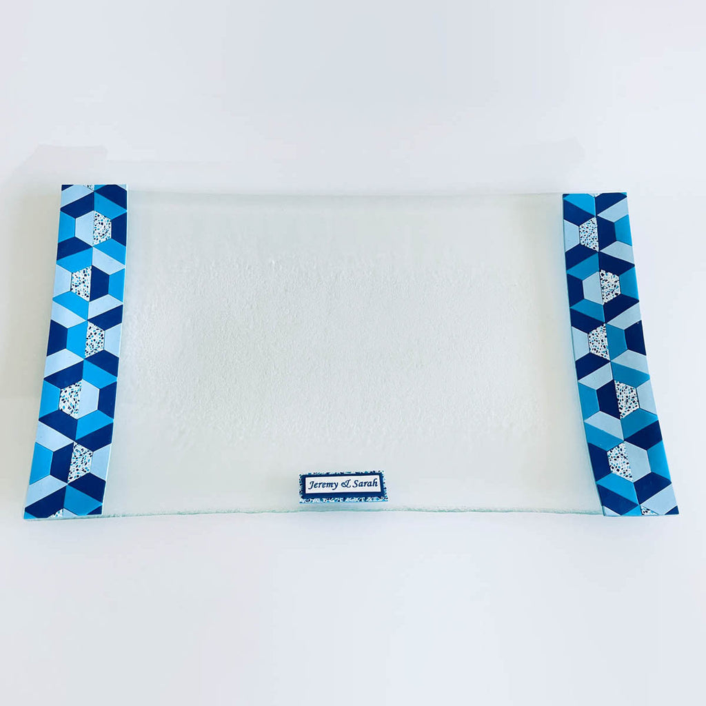 Glass Challah Board, Challah Plate, Judaica, Handmade, Personalized, Glass Shabbat Tray, Jewish, Judaica Art, Jewish Wedding gift, Hexagon Blue