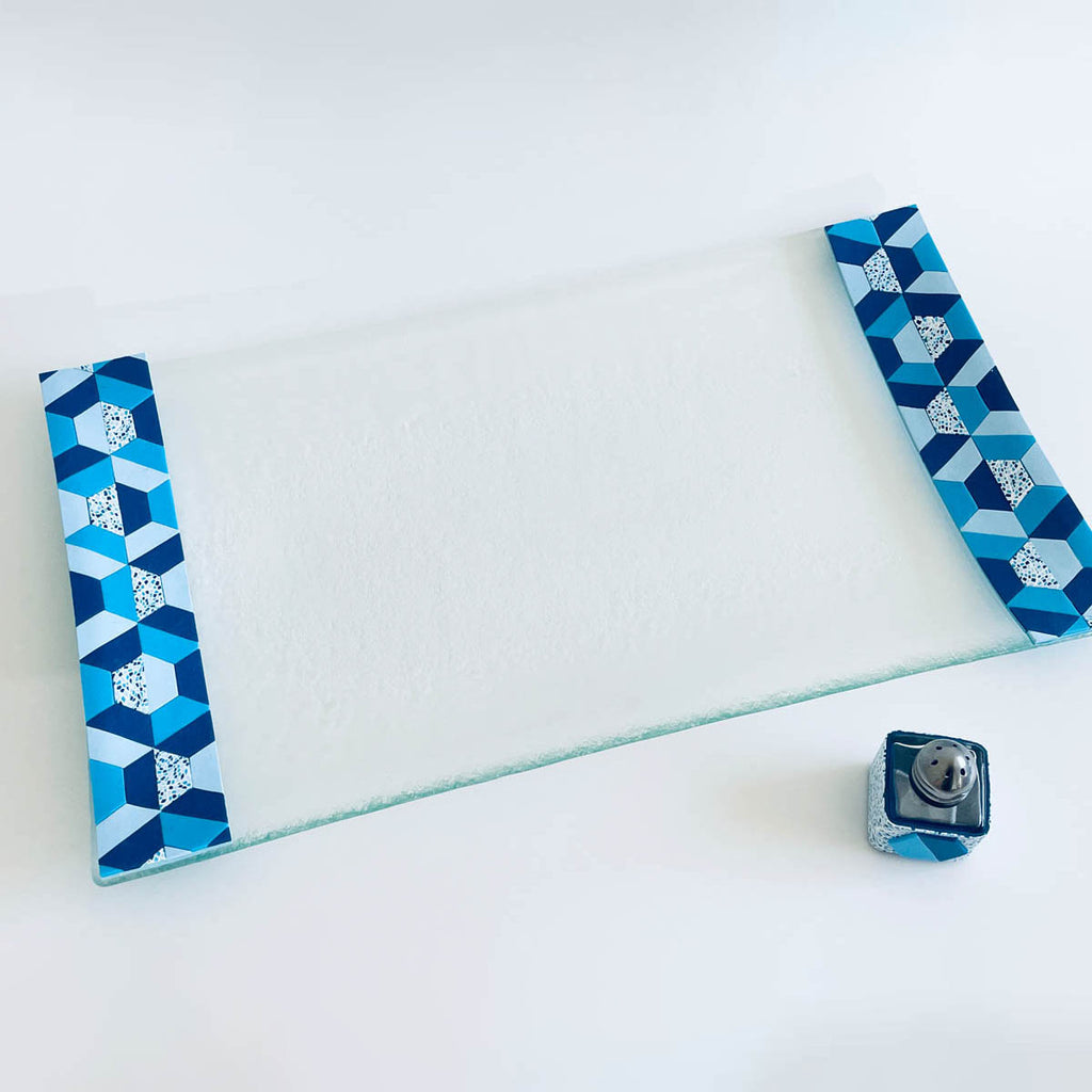 Glass Challah Board, Challah Plate, Judaica, Handmade, Personalized, Glass Shabbat Tray, Jewish, Judaica Art, Jewish Wedding gift, Hexagon Blue