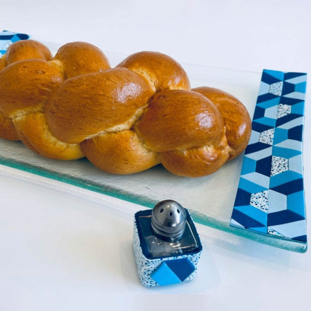 Glass Challah Board, Challah Plate, Judaica, Handmade, Personalized, Glass Shabbat Tray, Jewish, Judaica Art, Jewish Wedding gift, Hexagon Blue