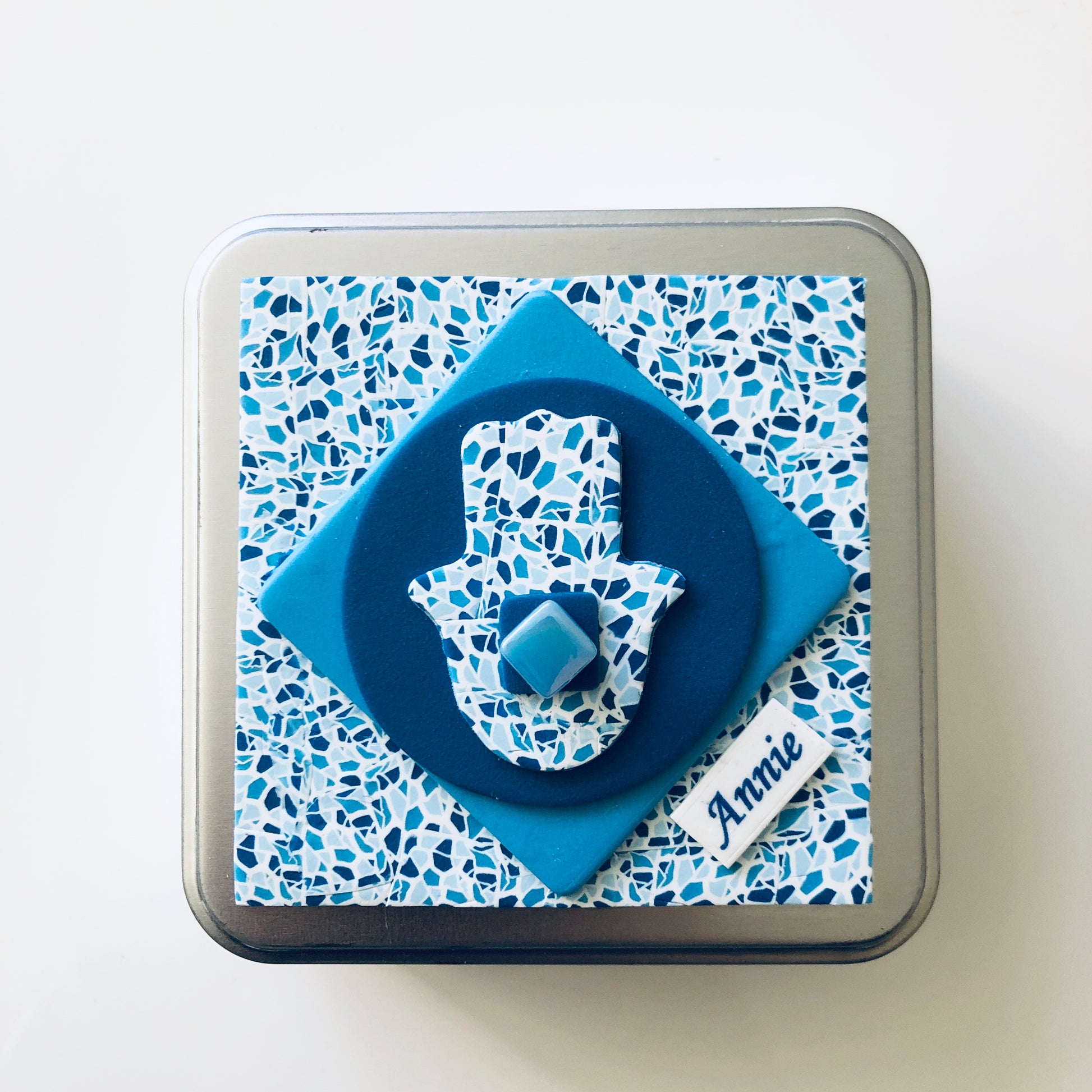 Travel Shabbat Kit in a Box, Tealight candles, Matchbox box, Handmade, Judaica, Travel Shabbat set. Hamsa. Blue.