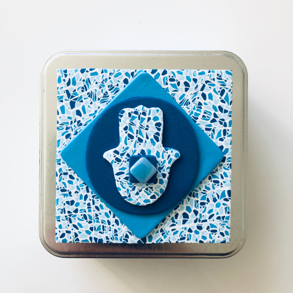 Travel Shabbat Kit in a Box, Tealight candles, Matchbox box, Handmade, Judaica, Travel Shabbat set. Hamsa. Blue.