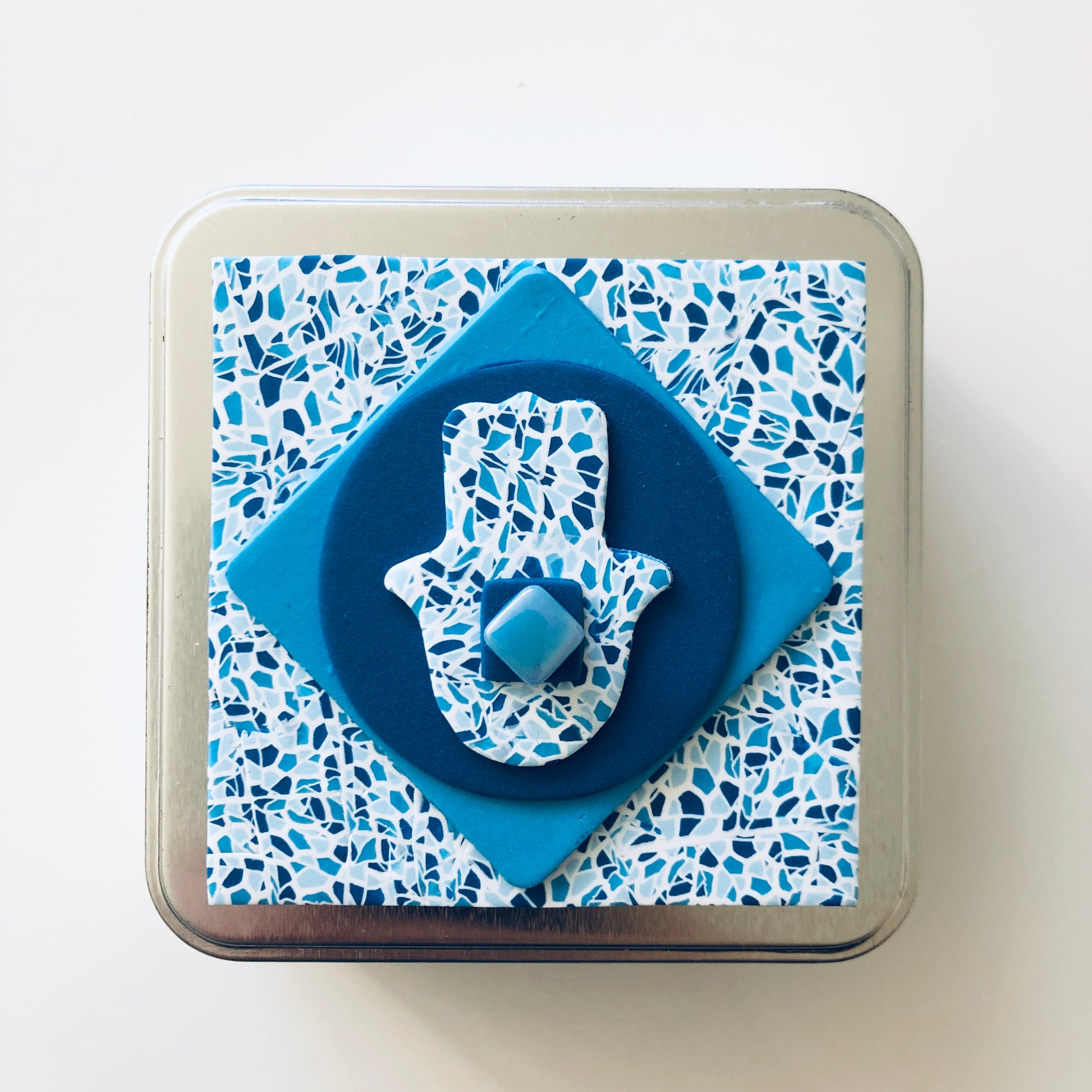 Travel Shabbat Kit in a Box, Tealight candles, Matchbox box, Handmade, Judaica, Travel Shabbat set. Hamsa. Blue.