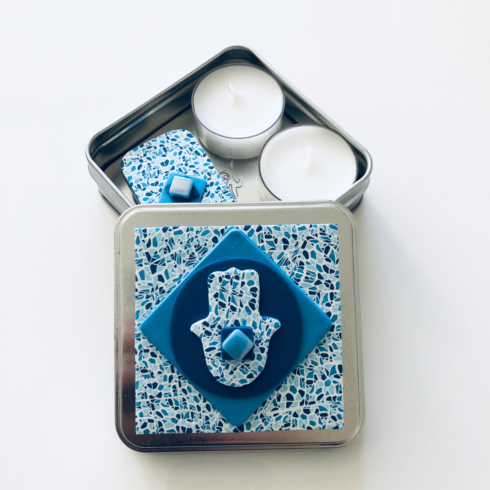 Travel Shabbat Kit in a Box, Tealight candles, Matchbox box, Handmade, Judaica, Travel Shabbat set. Hamsa. Blue.