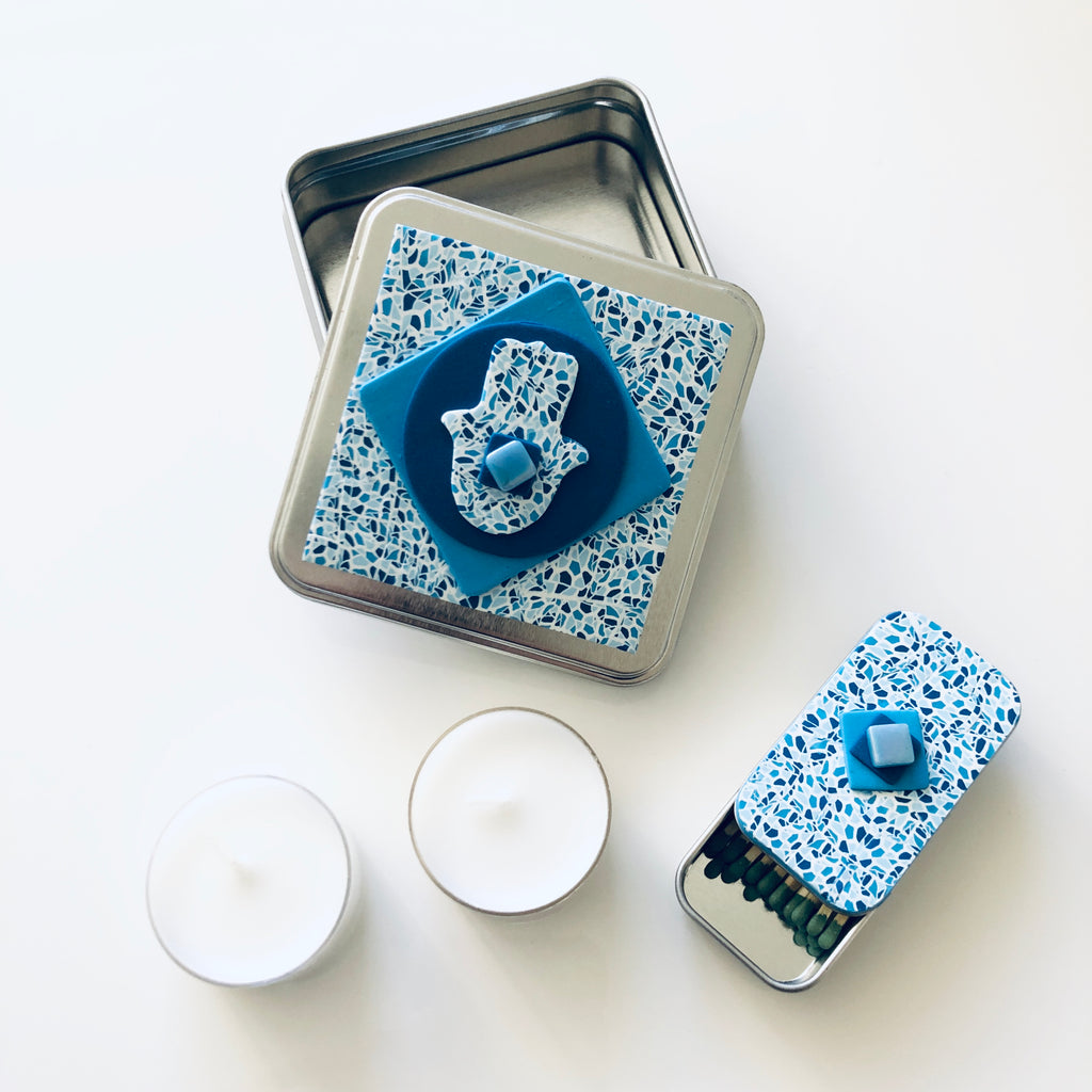 Travel Shabbat Kit in a Box, Tealight candles, Matchbox box, Handmade, Judaica, Travel Shabbat set. Hamsa. Blue.