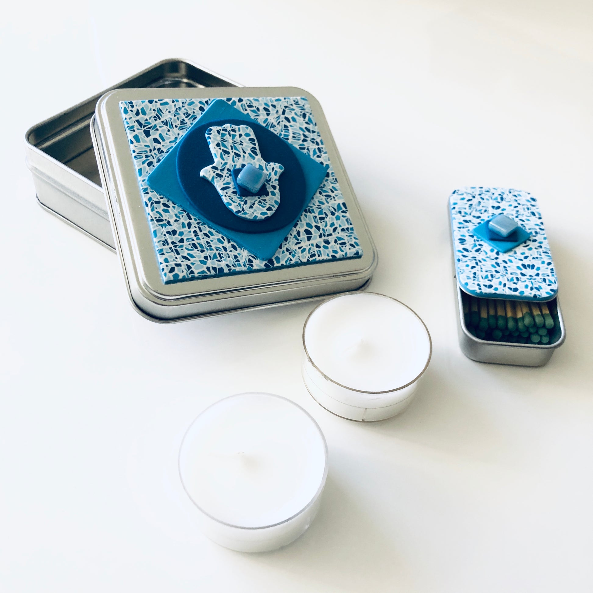 Travel Shabbat Kit in a Box, Tealight candles, Matchbox box, Handmade, Judaica, Travel Shabbat set. Hamsa. Blue.