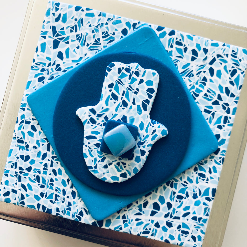 Travel Shabbat Kit in a Box, Tealight candles, Matchbox box, Handmade, Judaica, Travel Shabbat set. Hamsa. Blue.