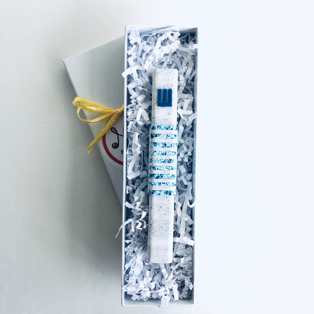 Modern mosaic stripes Mezuzah case, Blue, Handmade, Judaica Gift, Bar Mitzvah Gif, Jewish Wedding Gift, New Home Gift, Polymer clay