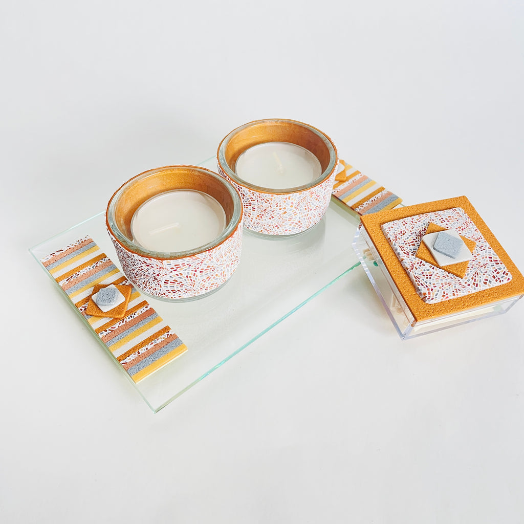 Shabbat Tea Light Candle Holder, Matchbox and Tray, Handmade, Judaica, Personalized. Gold.
