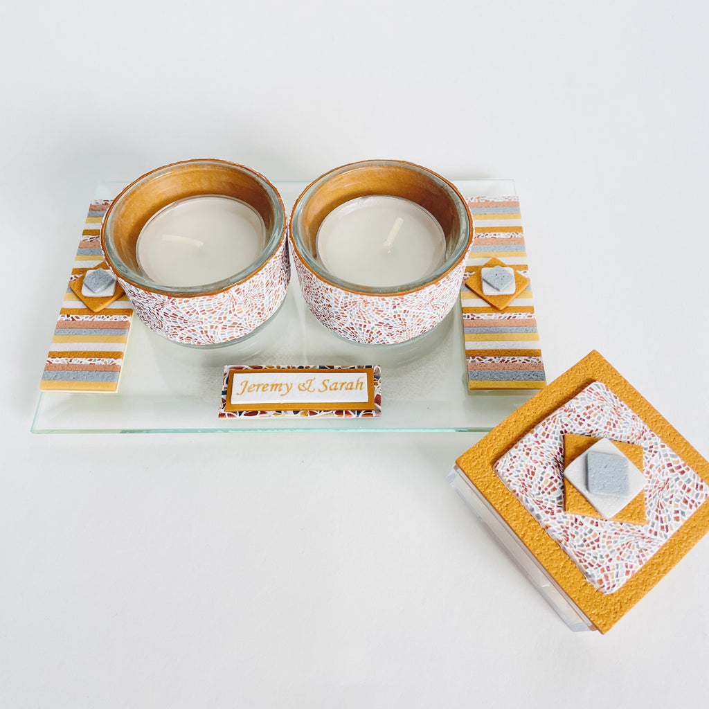 Shabbat Tea Light Candle Holder, Matchbox and Tray, Handmade, Judaica, Personalized. Gold.