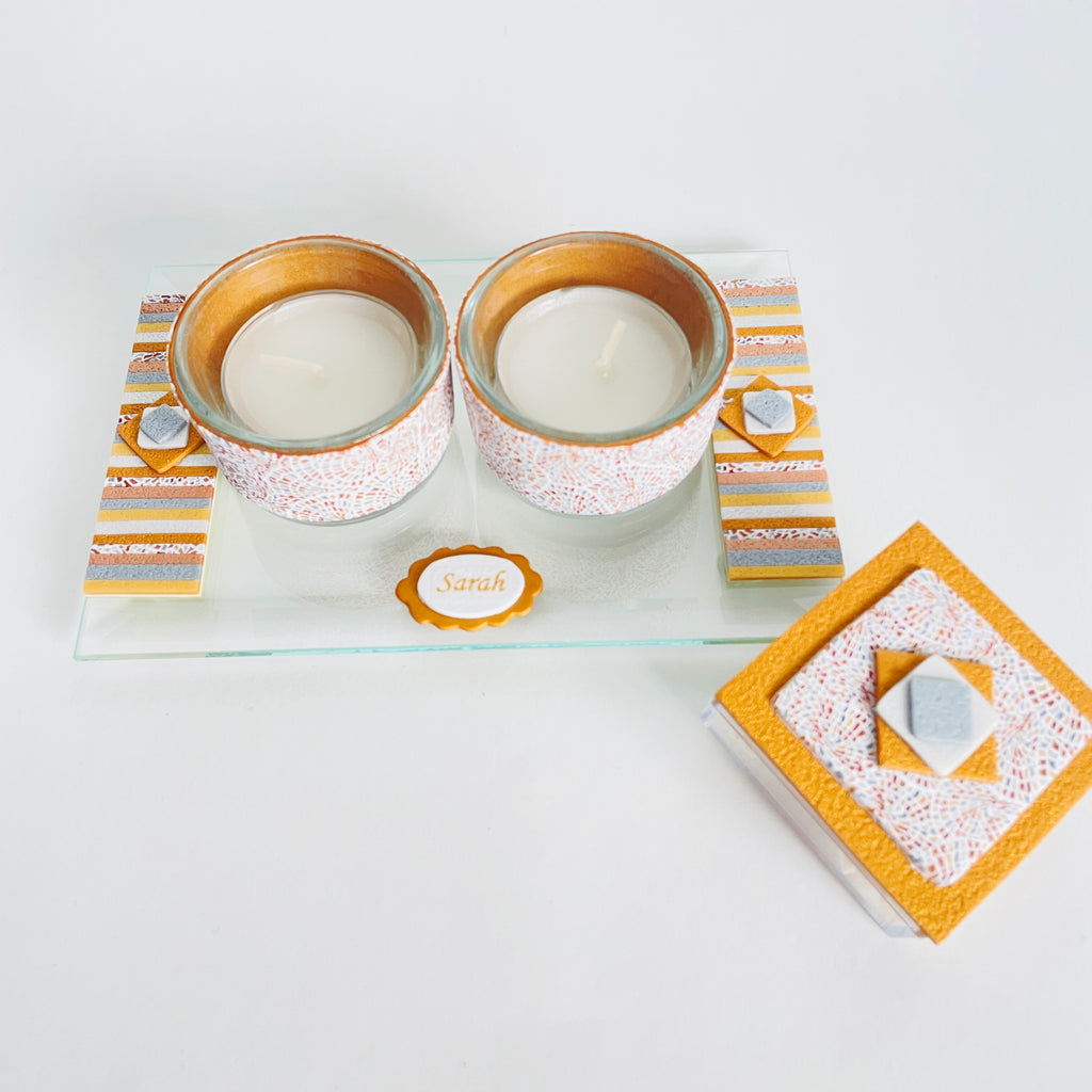 Shabbat Tea Light Candle Holder, Matchbox and Tray, Handmade, Judaica, Personalized. Gold.