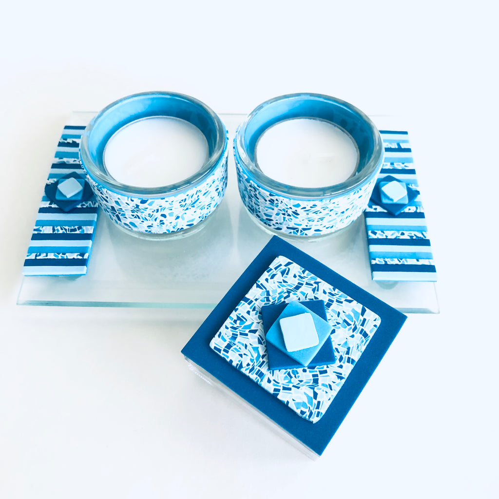 Shabbat Tea Light Candle Holder, Matchbox and Tray, Handmade, Judaica, Personalized. Blue.
