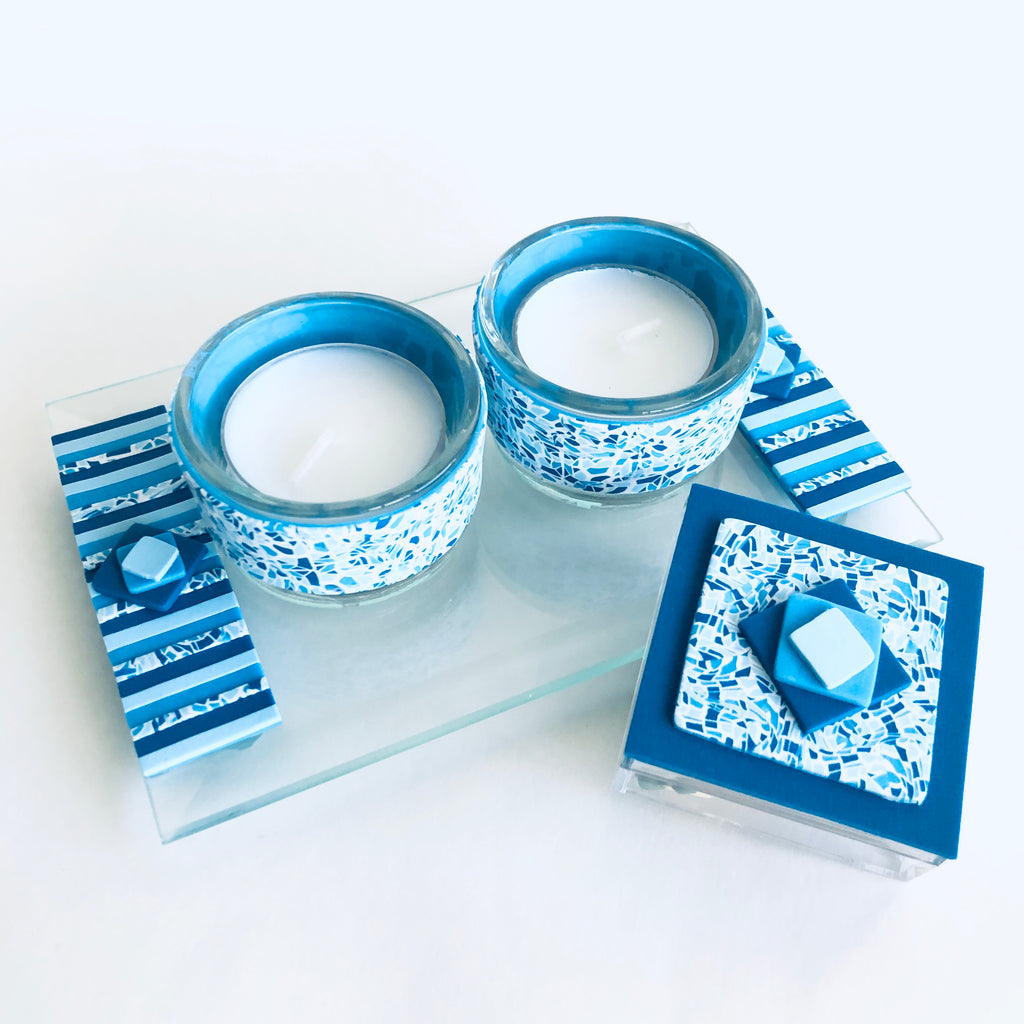 Shabbat Tea Light Candle Holder, Matchbox and Tray, Handmade, Judaica, Personalized. Blue.