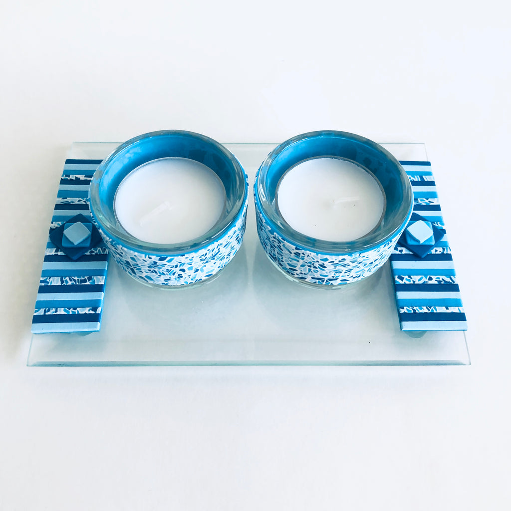 Shabbat Tea Light Candle Holder, Matchbox and Tray, Handmade, Judaica, Personalized. Blue.