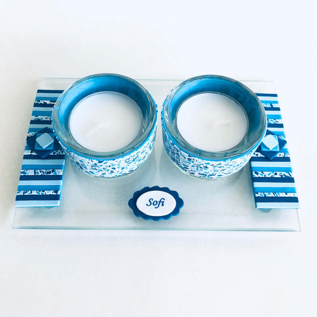 Shabbat Tea Light Candle Holder, Matchbox and Tray, Handmade, Judaica, Personalized. Blue.