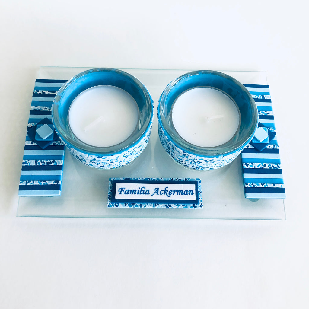 Shabbat Tea Light Candle Holder, Matchbox and Tray, Handmade, Judaica, Personalized. Blue.