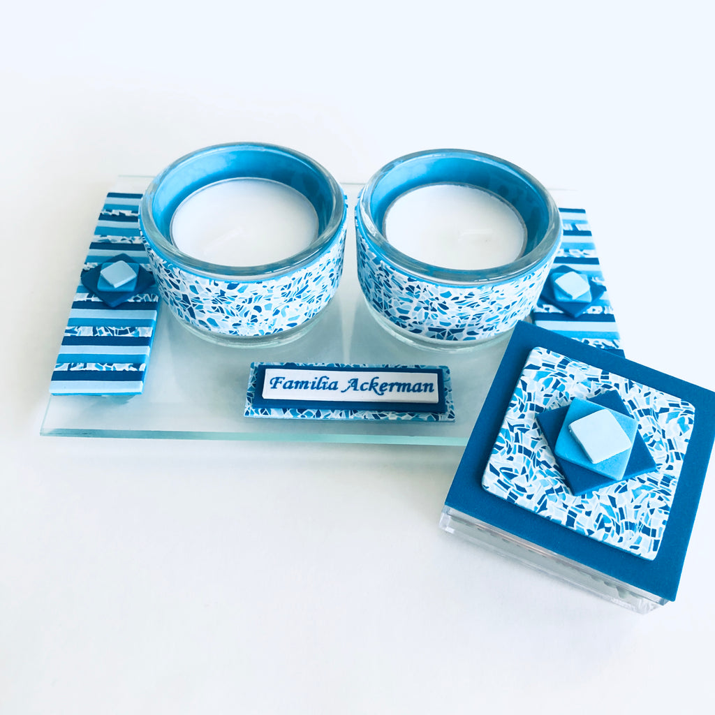 Shabbat Tea Light Candle Holder, Matchbox and Tray, Handmade, Judaica, Personalized. Blue.