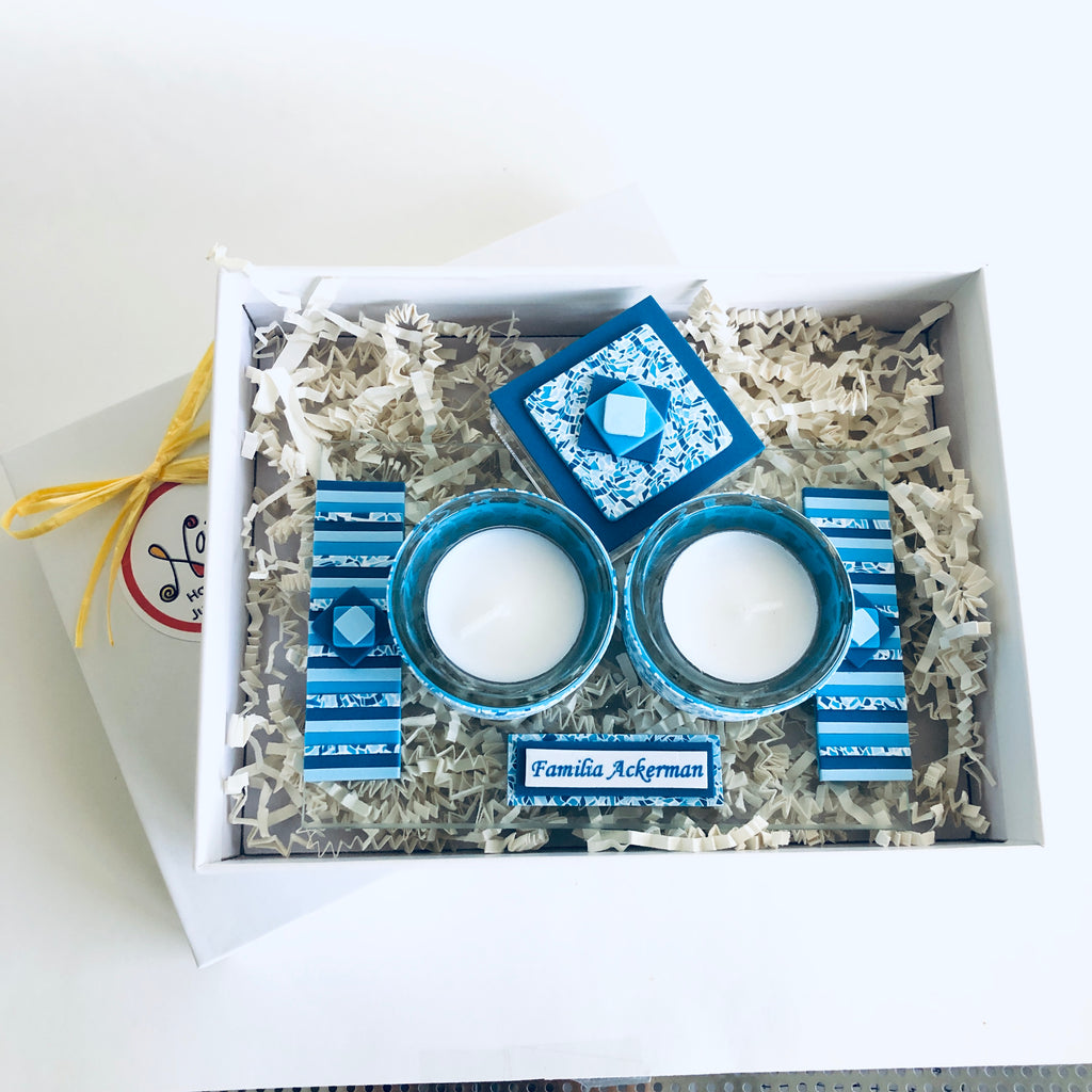 Shabbat Tea Light Candle Holder, Matchbox and Tray, Handmade, Judaica, Personalized. Blue.