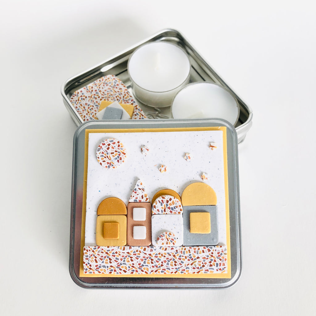 Travel Shabbat Kit in a Box, Tealight candles, Matchbox box, Handmade, Judaica, Travel Shabbat set. Jerusalem. Gold.