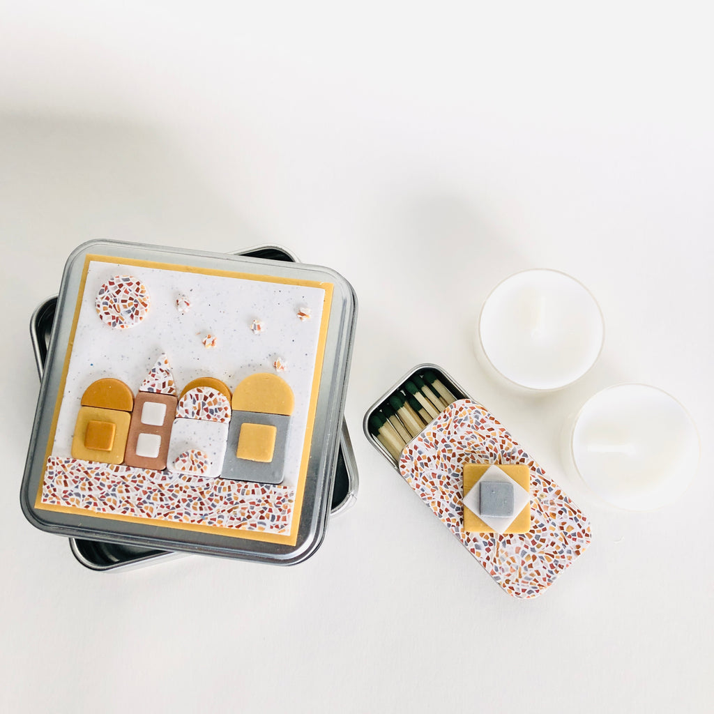 Travel Shabbat Kit in a Box, Tealight candles, Matchbox box, Handmade, Judaica, Travel Shabbat set. Jerusalem. Gold.