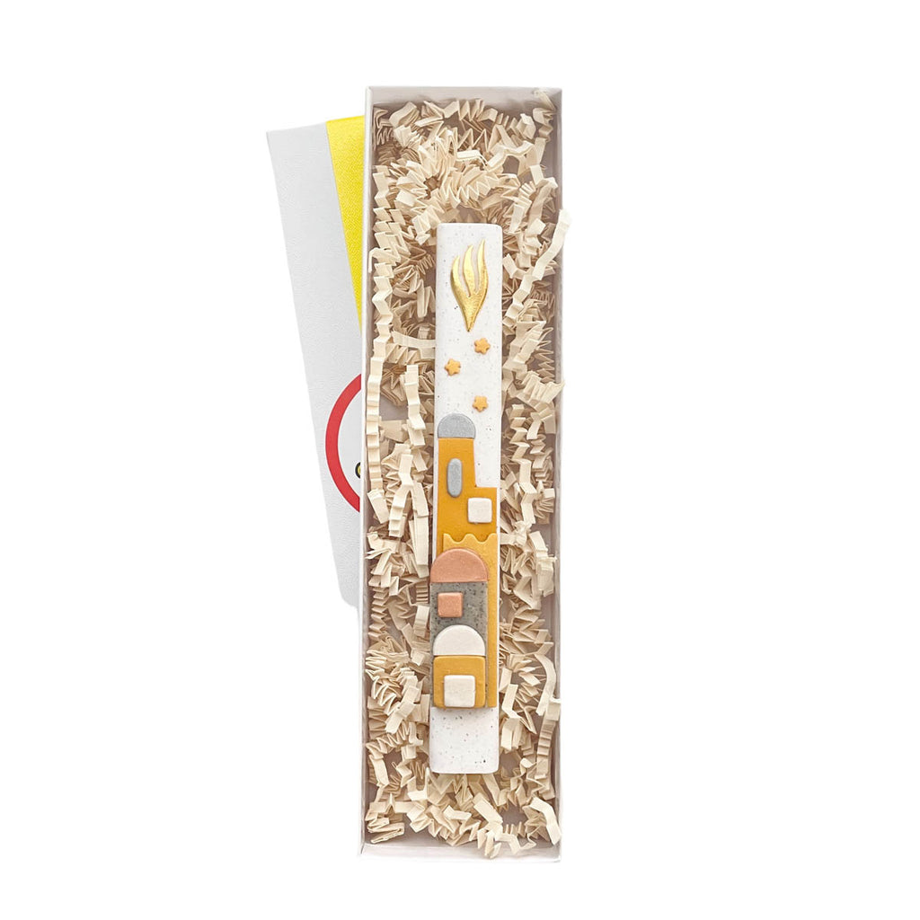 Modern Mezuzah case, Jerusalem skyline Gold, Handmade, Judaica Gift, Bar Mitzvah Gif, Jewish Wedding Gift, New Home Gift, Polymer clay